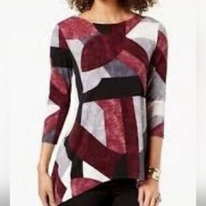 Alfani Abstract Print Swing Tunic 3/4 Sleeve Burgundy White Black Gray Size LP